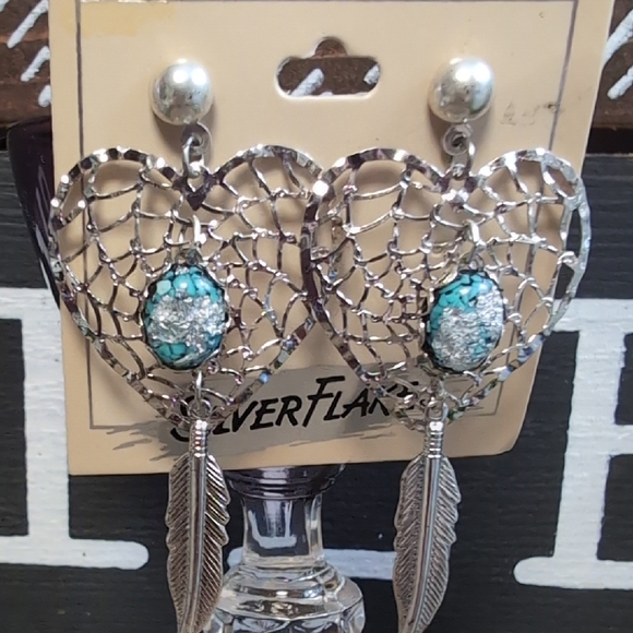Spiderweb Silver Flake & Turquoise Heart Earrings - Picture 2 of 5